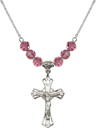 18" Rhodium Plated Necklace with 4mm Rose Crystal Beads featuring a Sterling Silver Crucifix Medal.