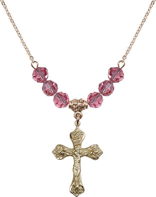 18" Hamilton Gold Plated Necklace with 4mm Rose Crystal Beads featuring a 14kt Gold Filled Crucifix Medal.