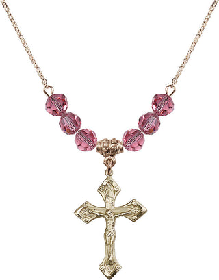 18" Hamilton Gold Plated Necklace with 4mm Rose Crystal Beads featuring a 14kt Gold Filled Crucifix Medal.