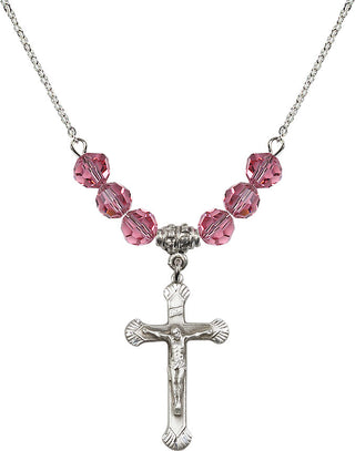 18" Rhodium Plated Necklace with 4mm Rose Crystal Beads featuring a Sterling Silver Crucifix Medal.