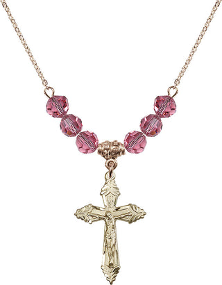 18" Hamilton Gold Plated Necklace with 4mm Rose Crystal Beads featuring a 14kt Gold Filled Crucifix Medal.