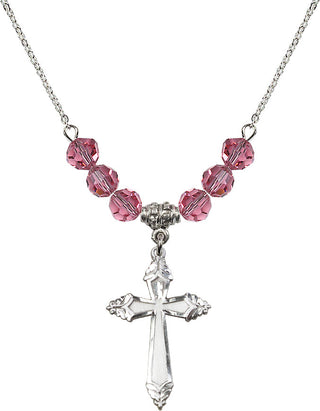 18" Rhodium Plated Necklace with 4mm Rose Crystal Beads featuring a Sterling Silver Cross Medal.