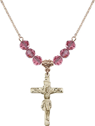 18" Hamilton Gold Plated Necklace with 4mm Rose Crystal Beads featuring a 14kt Gold Filled Crucifix Medal.