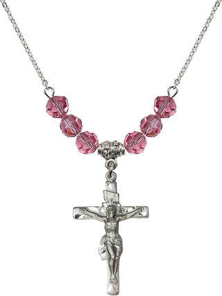 18" Rhodium Plated Necklace with 4mm Rose Crystal Beads featuring a Sterling Silver Crucifix Medal.
