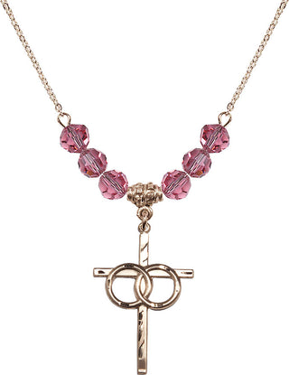 18" Hamilton Gold Plated Necklace with 4mm Rose Crystal Beads featuring a 14kt Gold Filled Wedding Rings Cross Medal.