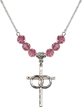 18" Rhodium Plated Necklace with 4mm Rose Crystal Beads featuring a Sterling Silver Wedding Rings Cross Medal.