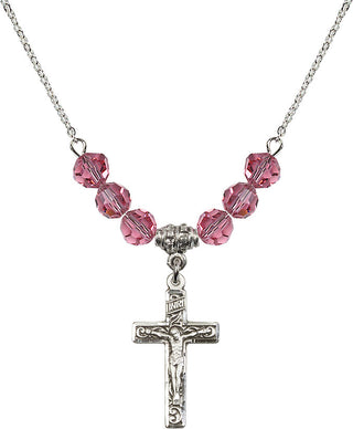 18" Rhodium Plated Necklace with 4mm Rose Crystal Beads featuring a Sterling Silver Crucifix Medal.