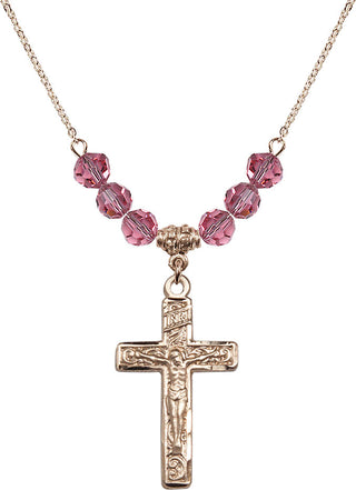 18" Hamilton Gold Plated Necklace with 4mm Rose Crystal Beads featuring a 14kt Gold Filled Crucifix Medal.