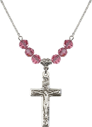 18" Rhodium Plated Necklace with 4mm Rose Crystal Beads featuring a Sterling Silver Crucifix Medal.