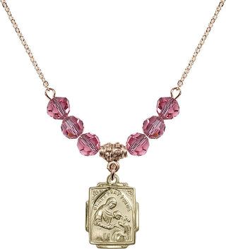 18" Hamilton Gold Plated Necklace with 4mm Rose Crystal Beads featuring a 14kt Gold Filled Saint Ann Medal. Engraved Catholic Saint Jewelry