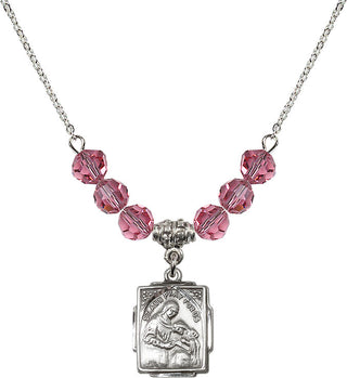 18" Rhodium Plated Necklace with 4mm Rose Crystal Beads featuring a Sterling Silver Saint Ann Medal. Engraved Catholic Saint Jewelry