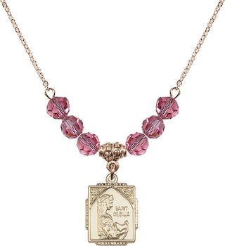 18" Hamilton Gold Plated Necklace with 4mm Rose Crystal Beads featuring a 14kt Gold Filled Saint Cecilia Medal. Engraved Catholic Saint Jewelry