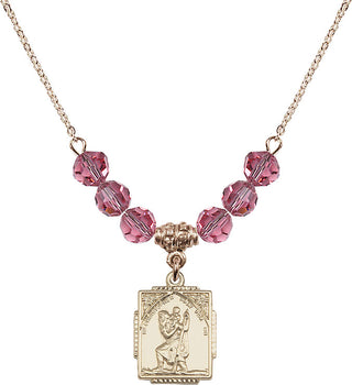 18" Hamilton Gold Plated Necklace with 4mm Rose Crystal Beads featuring a 14kt Gold Filled Saint Christopher Medal. Engraved Catholic Saint Jewelry
