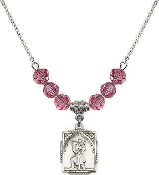 18" Rhodium Plated Necklace with 4mm Rose Crystal Beads featuring a Sterling Silver Saint Christopher Medal. Engraved Catholic Saint Jewelry