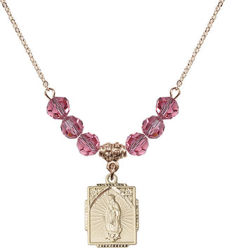 18" Hamilton Gold Plated Necklace with 4mm Rose Crystal Beads featuring a 14kt Gold Filled Our Lady of Guadalupe Medal. Engraved Catholic Saint Jewelry