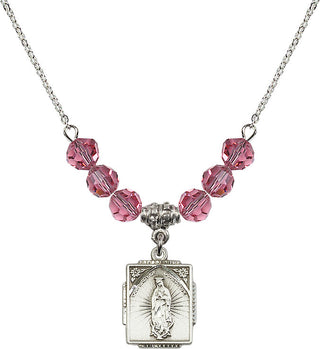 18" Rhodium Plated Necklace with 4mm Rose Crystal Beads featuring a Sterling Silver Our Lady of Guadalupe Medal. Engraved Catholic Saint Jewelry