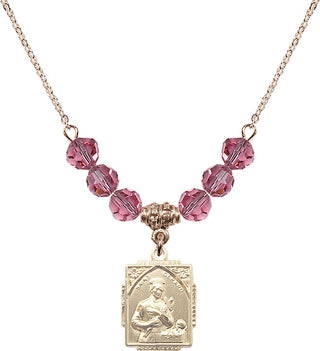 18" Hamilton Gold Plated Necklace with 4mm Rose Crystal Beads featuring a 14kt Gold Filled Saint Gerard Medal. Engraved Catholic Saint Jewelry