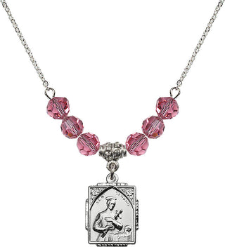 18" Rhodium Plated Necklace with 4mm Rose Crystal Beads featuring a Sterling Silver Saint Gerard Medal. Engraved Catholic Saint Jewelry