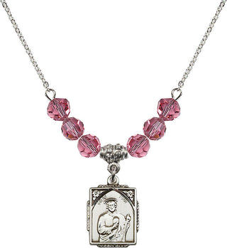 18" Rhodium Plated Necklace with 4mm Rose Crystal Beads featuring a Sterling Silver Saint Jude Medal. Engraved Catholic Saint Jewelry