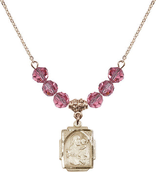 18" Hamilton Gold Plated Necklace with 4mm Rose Crystal Beads featuring a 14kt Gold Filled Saint Joseph Medal. Engraved Catholic Saint Jewelry