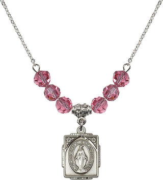 18" Rhodium Plated Necklace with 4mm Rose Crystal Beads featuring a Sterling Silver Miraculous Medal. Engraved Catholic Saint Jewelry