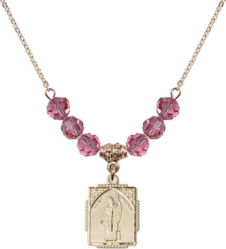 18" Hamilton Gold Plated Necklace with 4mm Rose Crystal Beads featuring a 14kt Gold Filled Saint Patrick Medal. Engraved Catholic Saint Jewelry