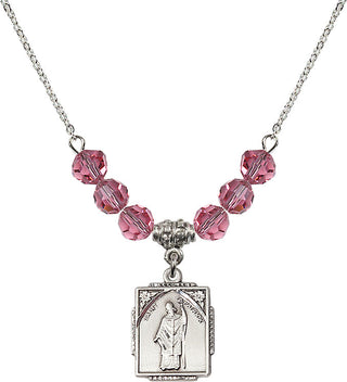 18" Rhodium Plated Necklace with 4mm Rose Crystal Beads featuring a Sterling Silver Saint Patrick Medal. Engraved Catholic Saint Jewelry