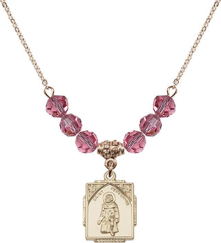 18" Hamilton Gold Plated Necklace with 4mm Rose Crystal Beads featuring a 14kt Gold Filled Saint Peregrine Medal. Engraved Catholic Saint Jewelry