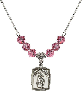 18" Rhodium Plated Necklace with 4mm Rose Crystal Beads featuring a Sterling Silver Saint Peregrine Medal. Engraved Catholic Saint Jewelry