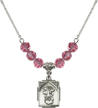 18" Rhodium Plated Necklace with 4mm Rose Crystal Beads featuring a Sterling Silver Saint Michael the Archangel Medal. Engraved Catholic Saint Jewelry