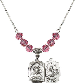18" Rhodium Plated Necklace with 4mm Rose Crystal Beads featuring a Sterling Silver Scapular Medal.