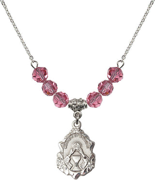 18" Rhodium Plated Necklace with 4mm Rose Crystal Beads featuring a Sterling Silver Mother of a Priest Medal. Engraved Catholic Saint Jewelry