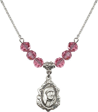18" Rhodium Plated Necklace with 4mm Rose Crystal Beads featuring a Sterling Silver Saint Teresa of Calcutta Medal.