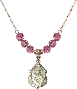 18" Hamilton Gold Plated Necklace with 4mm Rose Crystal Beads featuring a 14kt Gold Filled Saint Ann Medal. Engraved Catholic Saint Jewelry
