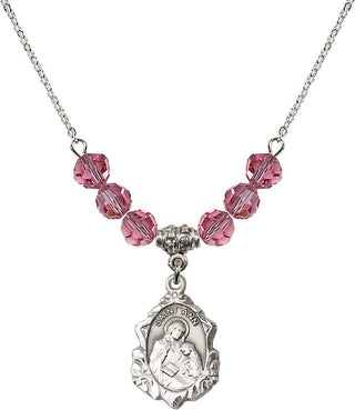 18" Rhodium Plated Necklace with 4mm Rose Crystal Beads featuring a Sterling Silver Saint Ann Medal. Engraved Catholic Saint Jewelry
