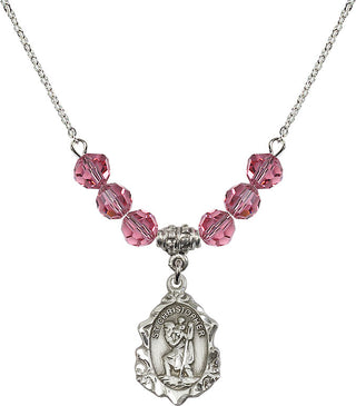 18" Rhodium Plated Necklace with 4mm Rose Crystal Beads featuring a Sterling Silver Saint Christopher Medal. Engraved Catholic Saint Jewelry