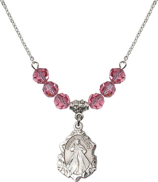 18" Rhodium Plated Necklace with 4mm Rose Crystal Beads featuring a Sterling Silver Divine Mercy Medal. Engraved Catholic Saint Jewelry