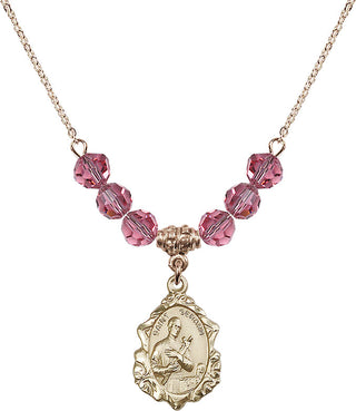 18" Hamilton Gold Plated Necklace with 4mm Rose Crystal Beads featuring a 14kt Gold Filled Saint Gerard Medal. Engraved Catholic Saint Jewelry