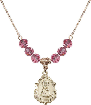 18" Hamilton Gold Plated Necklace with 4mm Rose Crystal Beads featuring a 14kt Gold Filled Infant of Prague Medal. Engraved Catholic Saint Jewelry