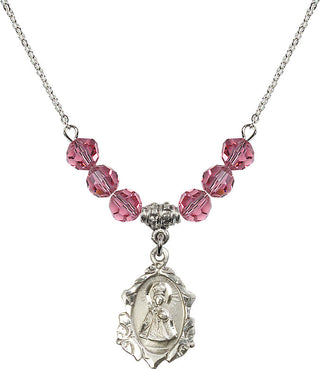 18" Rhodium Plated Necklace with 4mm Rose Crystal Beads featuring a Sterling Silver Infant of Prague Medal. Engraved Catholic Saint Jewelry