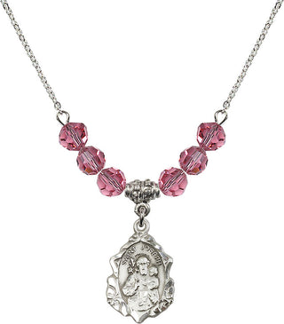 18" Rhodium Plated Necklace with 4mm Rose Crystal Beads featuring a Sterling Silver Saint Joseph Medal. Engraved Catholic Saint Jewelry