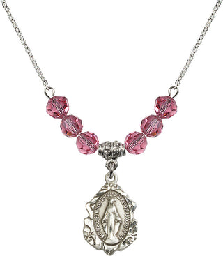 18" Rhodium Plated Necklace with 4mm Rose Crystal Beads featuring a Sterling Silver Miraculous Medal. Engraved Catholic Saint Jewelry
