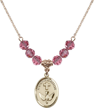 18" Hamilton Gold Plated Necklace with 4mm Rose Crystal Beads featuring a 14kt Gold Filled Confirmation Medal.