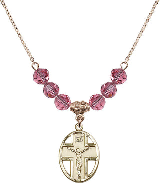 18" Hamilton Gold Plated Necklace with 4mm Rose Crystal Beads featuring a 14kt Gold Filled Crucifix Medal.