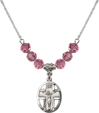 18" Rhodium Plated Necklace with 4mm Rose Crystal Beads featuring a Sterling Silver Crucifix Medal.