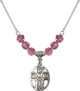 18" Rhodium Plated Necklace with 4mm Rose Crystal Beads featuring a Sterling Silver 5-Way / Holy Spirit Medal.
