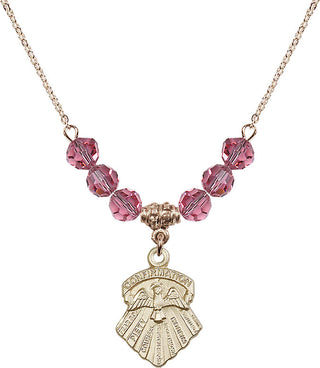 18" Hamilton Gold Plated Necklace with 4mm Rose Crystal Beads featuring a 14kt Gold Filled Seven Gifts Medal.