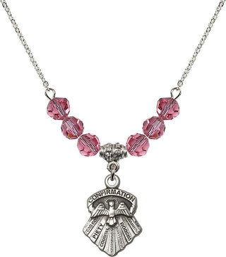 18" Rhodium Plated Necklace with 4mm Rose Crystal Beads featuring a Sterling Silver Seven Gifts Medal.