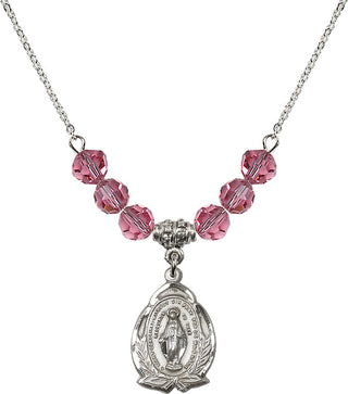 18" Rhodium Plated Necklace with 4mm Rose Crystal Beads featuring a Sterling Silver Miraculous Medal.