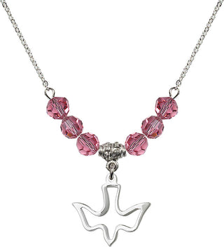 18" Rhodium Plated Necklace with 4mm Rose Crystal Beads featuring a Sterling Silver Holy Spirit Medal.